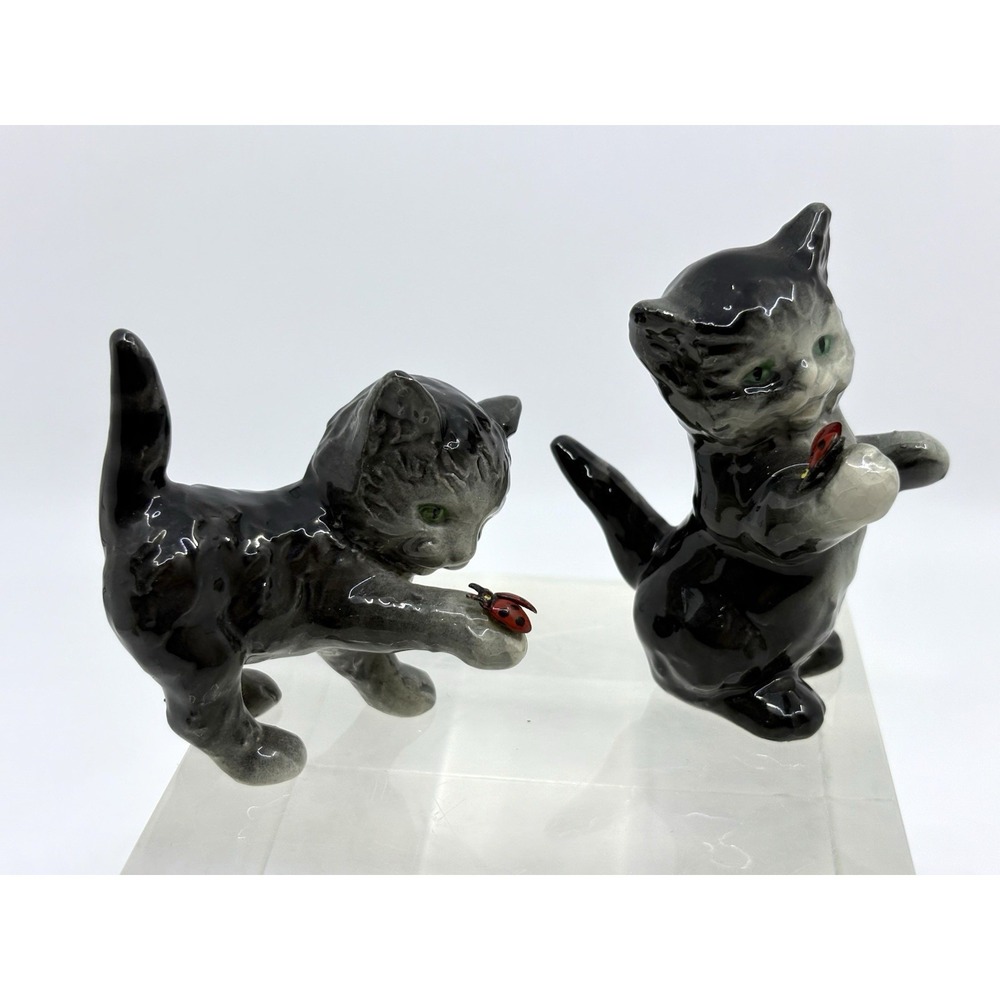Vintage Goebel Grey Kitten Cat with Lady Bug Figurine Set Of 2‎